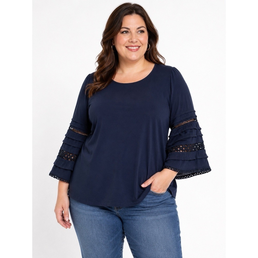 Sharagano XL Navy Bell Sleeve Top Crochet Lace Tiered Boho Cotton Blend